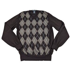 Marco Fiori Sweater Mens Size‎ L Brown Argyle Made In Italy Merino Wool Business